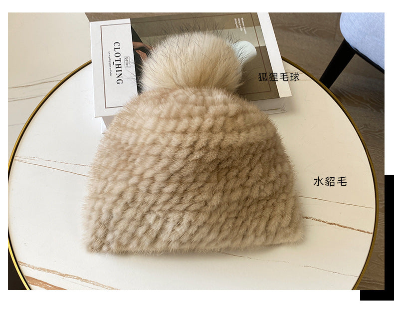 Women's Striped Fur Blend Hat with Real Rabbit Fur Pom Pom