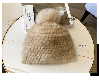 Women's Striped Fur Blend Hat with Real Rabbit Fur Pom Pom