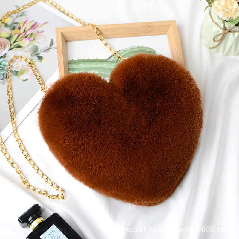 Fashionable Faux Fur Heart-Shaped Bag - Chain Crossbody Purse