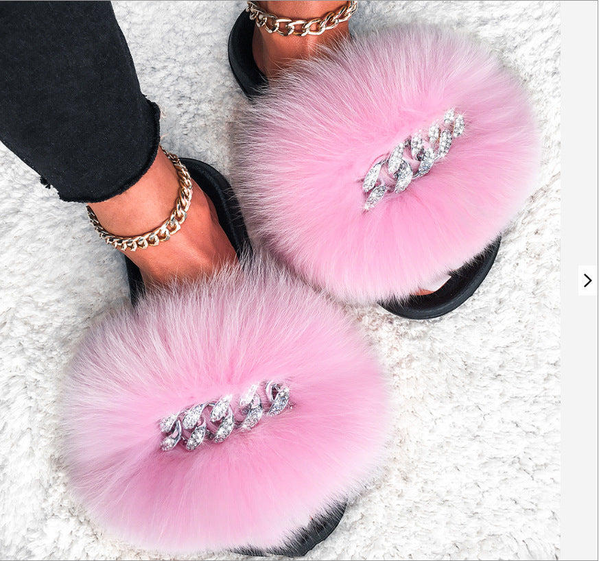 Womens Fuzzy Slippers, Fox Fur Inspired Sandals