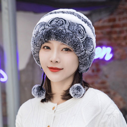 Winter Real Rabbit Fur Ear Flap Hat & Scarf Set