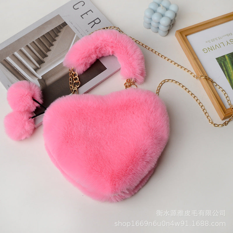 Custom Heart Shaped Rabbit Fur Handbag, Chain Strap Tote