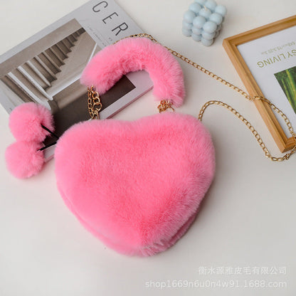 Custom Heart Shaped Rabbit Fur Handbag, Chain Strap Tote