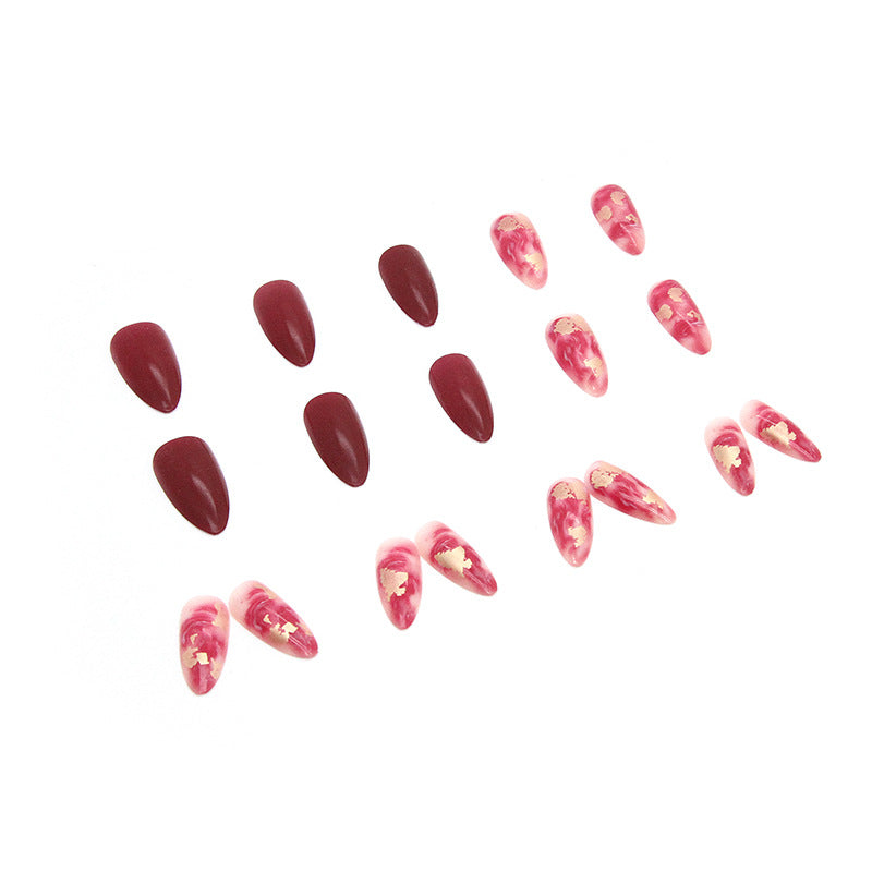 Wine Red Ombre Chinese Style Gold Foil Nails Ins Style Party Bride-homeunderwear