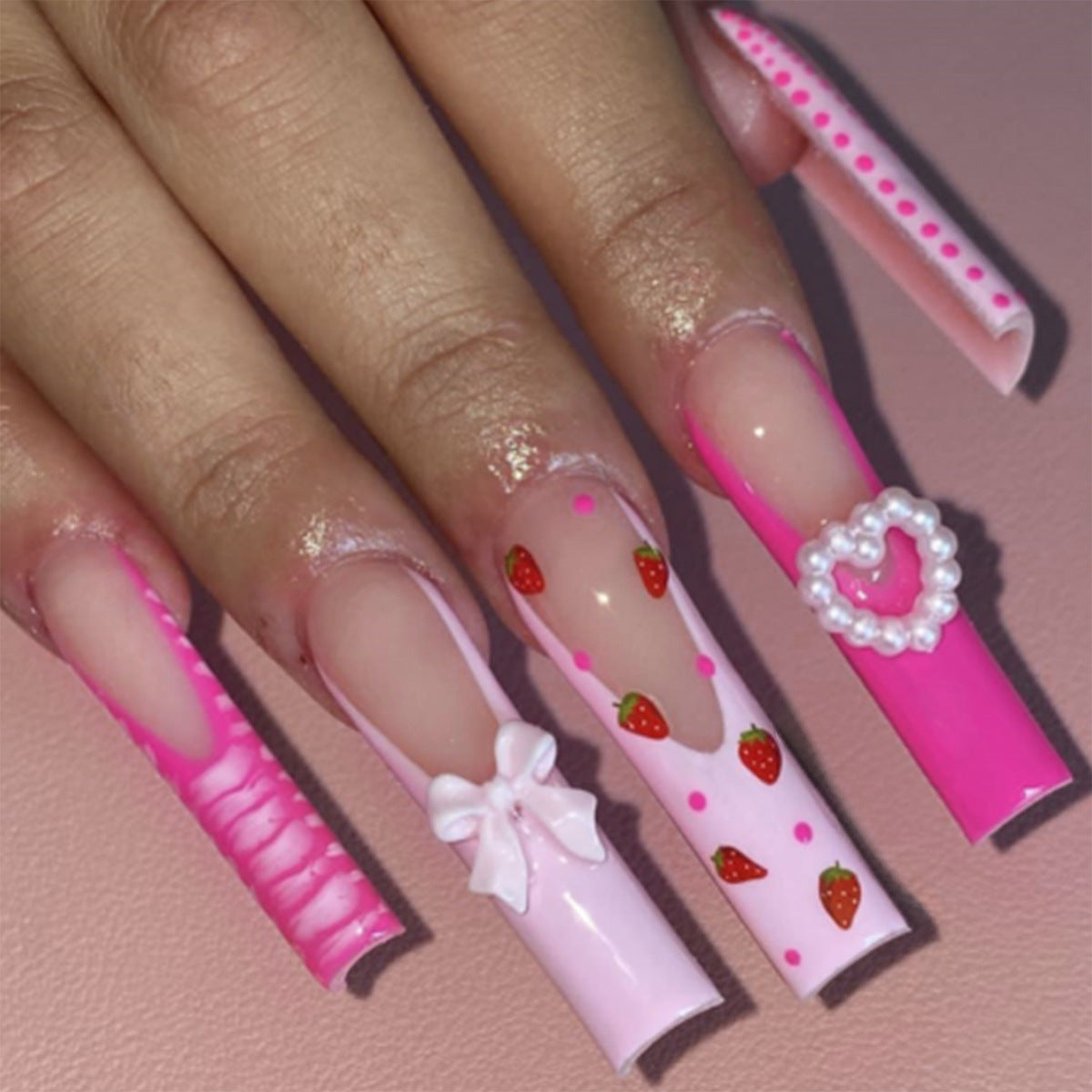 Super Long Pink Heart Bow 3D Fake Nail Tips