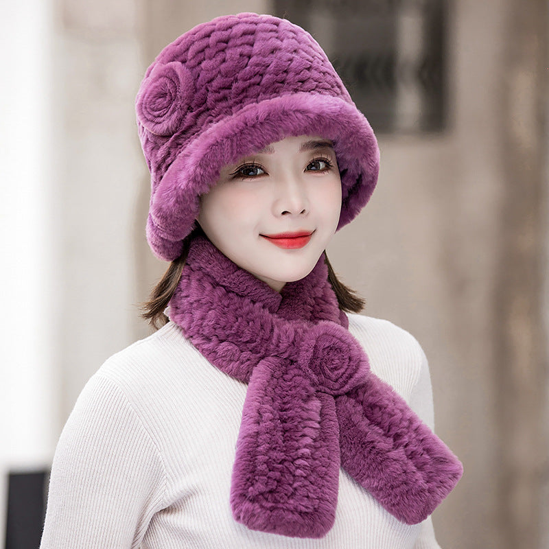 Warm Real Rabbit Fur Hat & Scarf Set - Ear Flap Design