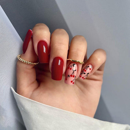 Square Wine Red Flame Cherry Nails, Stylish and Trendy