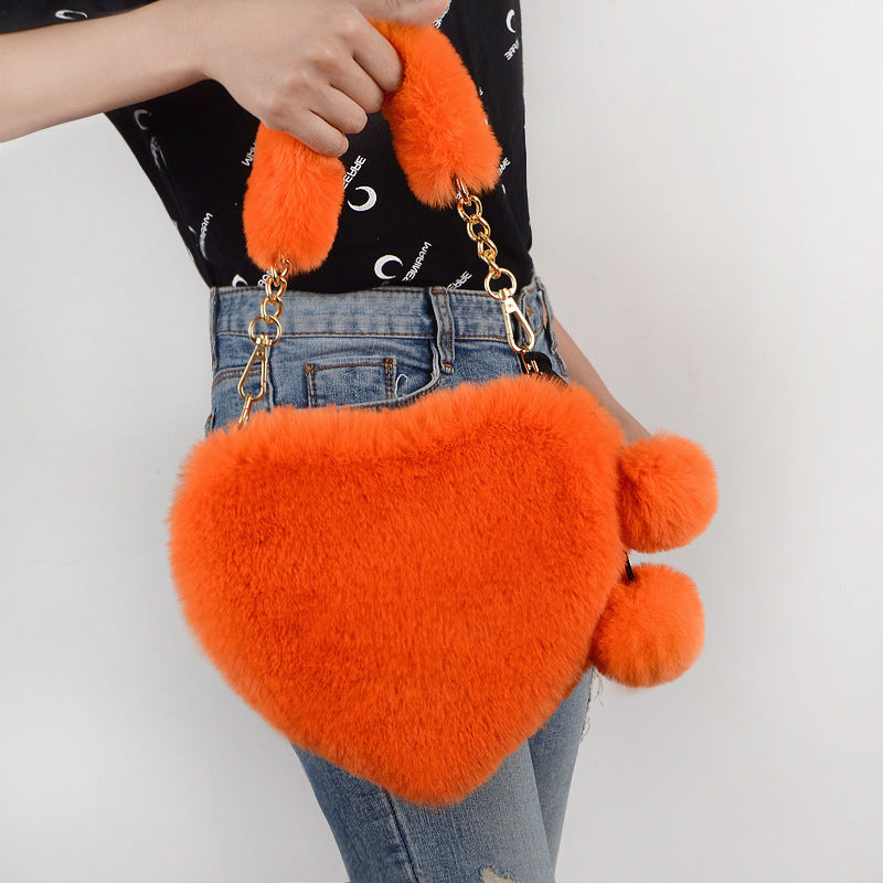 Custom Heart Shaped Rabbit Fur Handbag, Chain Strap Tote