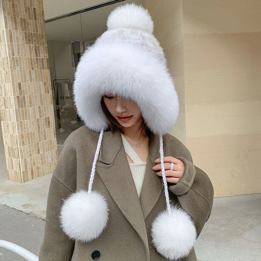 Winter Women's Mink Fur Hat with Fox Pom Pom - Stylish & Warm