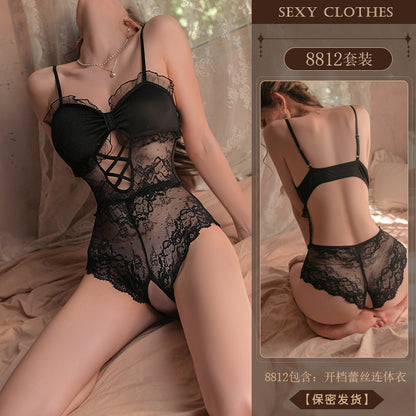 Sexy Suspender Lace Perspective Open Onesie Women's Pajamas Sex Underwear