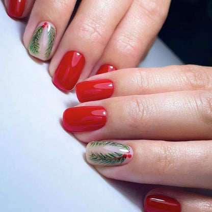 Red Short Square Christmas Nails with Tree Branch Designs