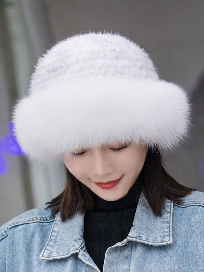 Warm Mink Fur Hat with Fox Pom Pom - Ear Flap Design