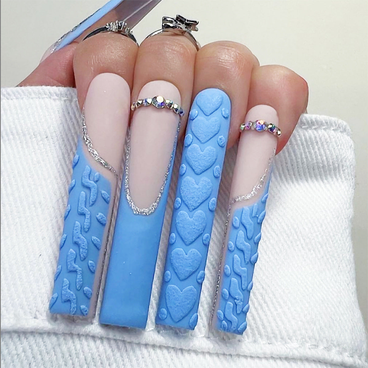 3D Heart Long Waterpipe Nails with Blue Sparkle