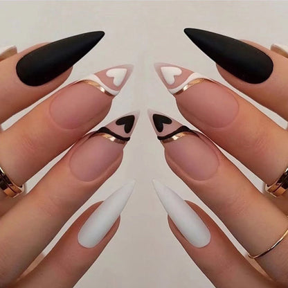 Wholesale French Black White Heart Nails, Gold Line, Matte Finish-Homeunderwear