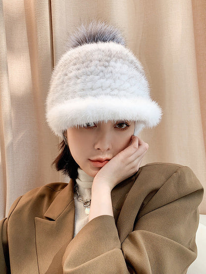 Stylish Mink Fur Cap with Fox Pom Pom - Winter Accessory