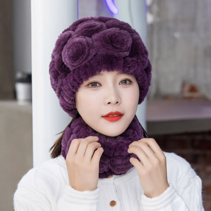 Warm Real Rabbit Fur Ear Flap Hat & Scarf Set