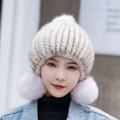 Winter Women's Mink Fur Ear Flap Hat with Fox Pom Pom