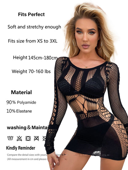 Sexy Black Striped Hollow Mesh Dress Set Sex Underwear