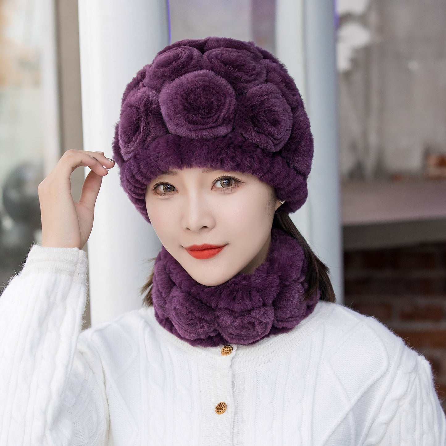 Warm Real Rabbit Fur Ear Flap Hat & Scarf Set