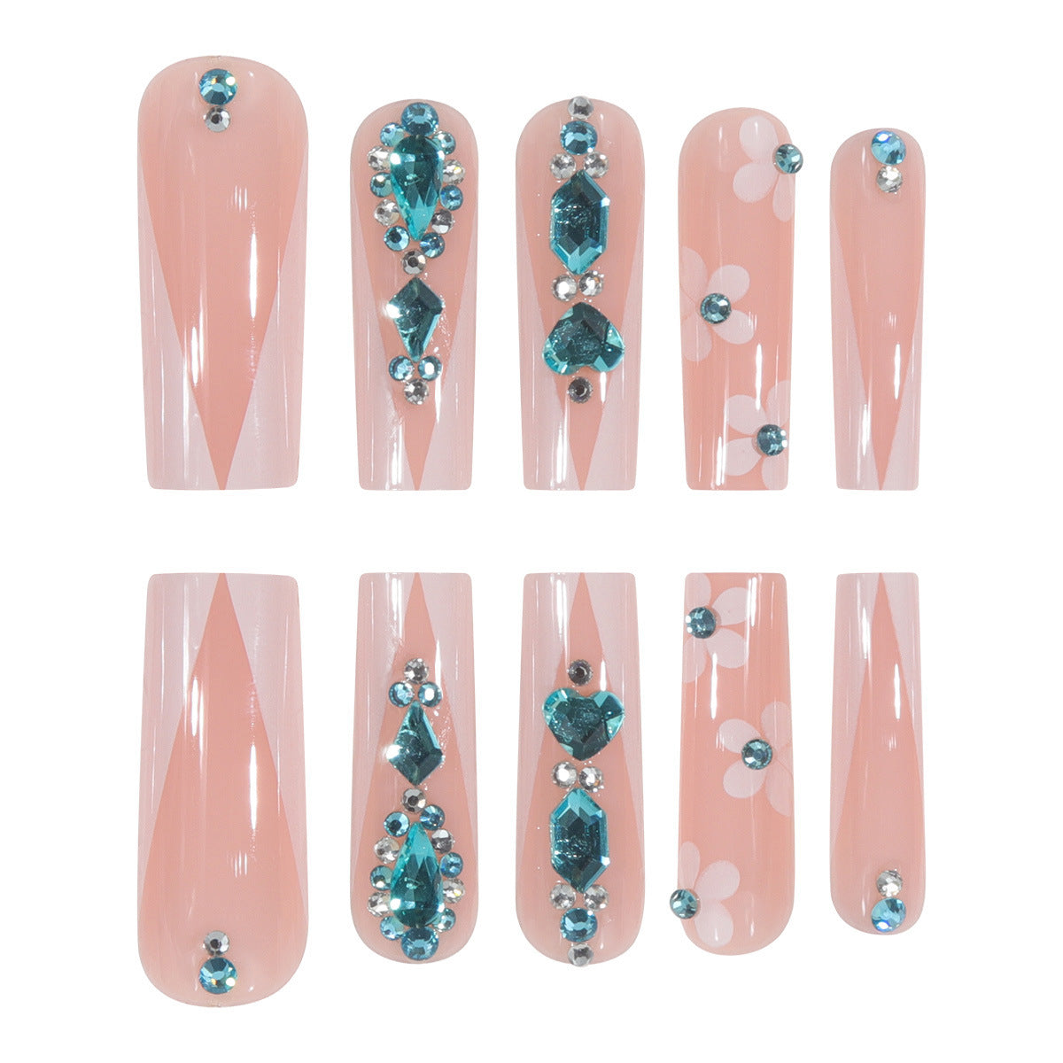 Long French Nail Tips with Sparkle and Flowers