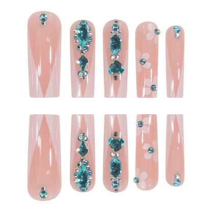 Long French Nail Tips with Sparkle and Flowers