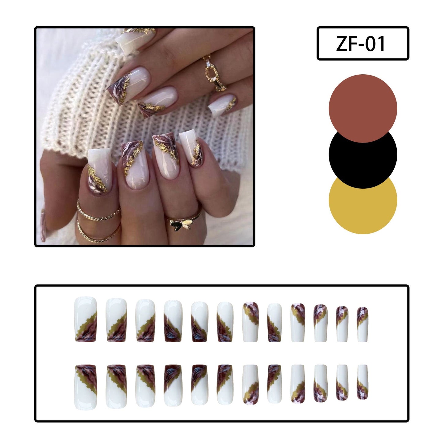 Ivory Square Nails with Gold Foil Marble Effect