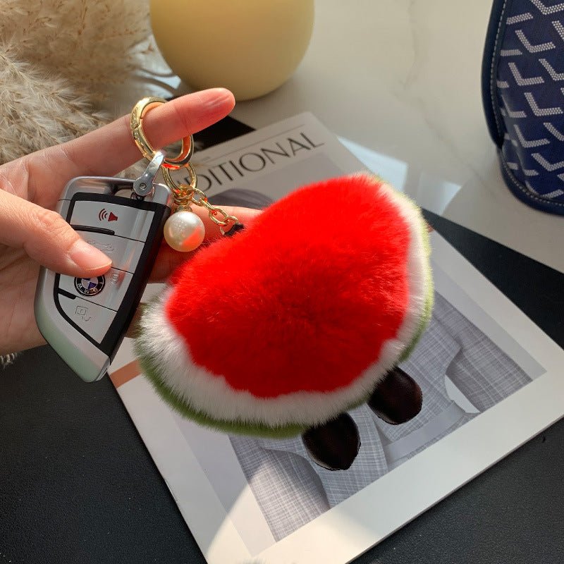 Cute Real Rabbit Fur Watermelon Charm Keychain & Phone Decor