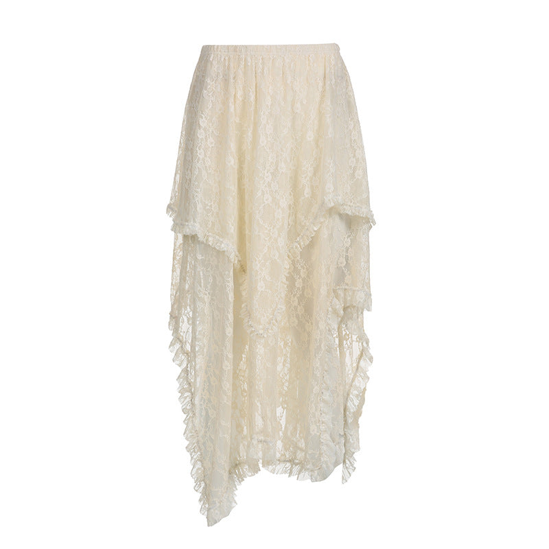 French Classic Lace Multi-layer Irregular Hem Midi Skirt for Women