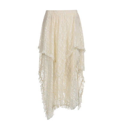 French Classic Lace Multi-layer Irregular Hem Midi Skirt for Women