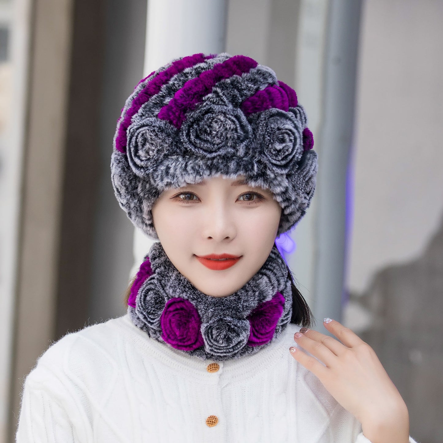 Warm Real Rabbit Fur Ear Flap Hat & Scarf Set