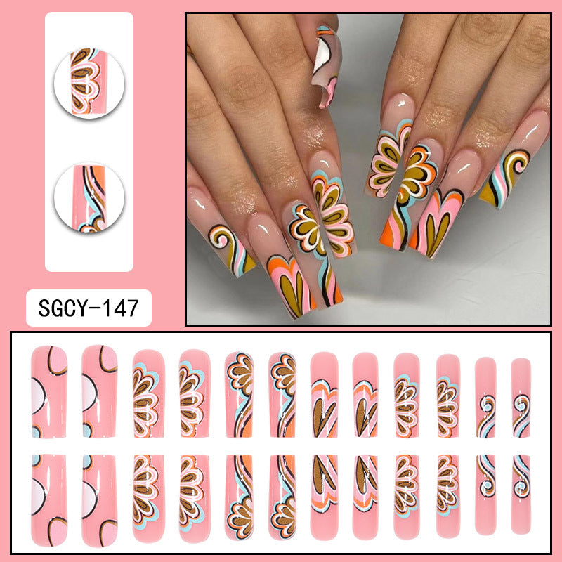 24-Piece Graffiti Flower Long Waterpipe Nail Extensions