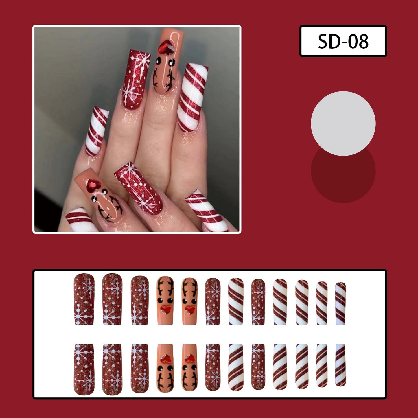 Extra Long Rectangular Christmas Nails with Red Glitter and Reindeer