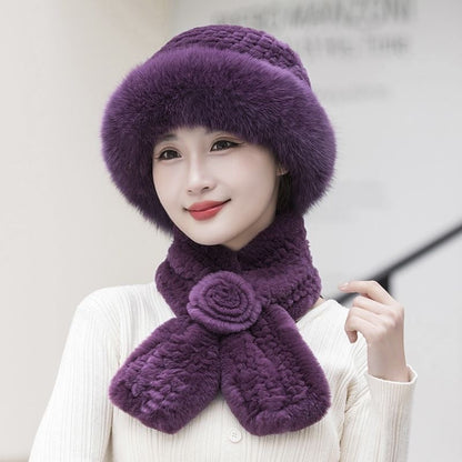 Women's Winter Warm Otter Rabbit Fur Bucket Hat & Scarf Set