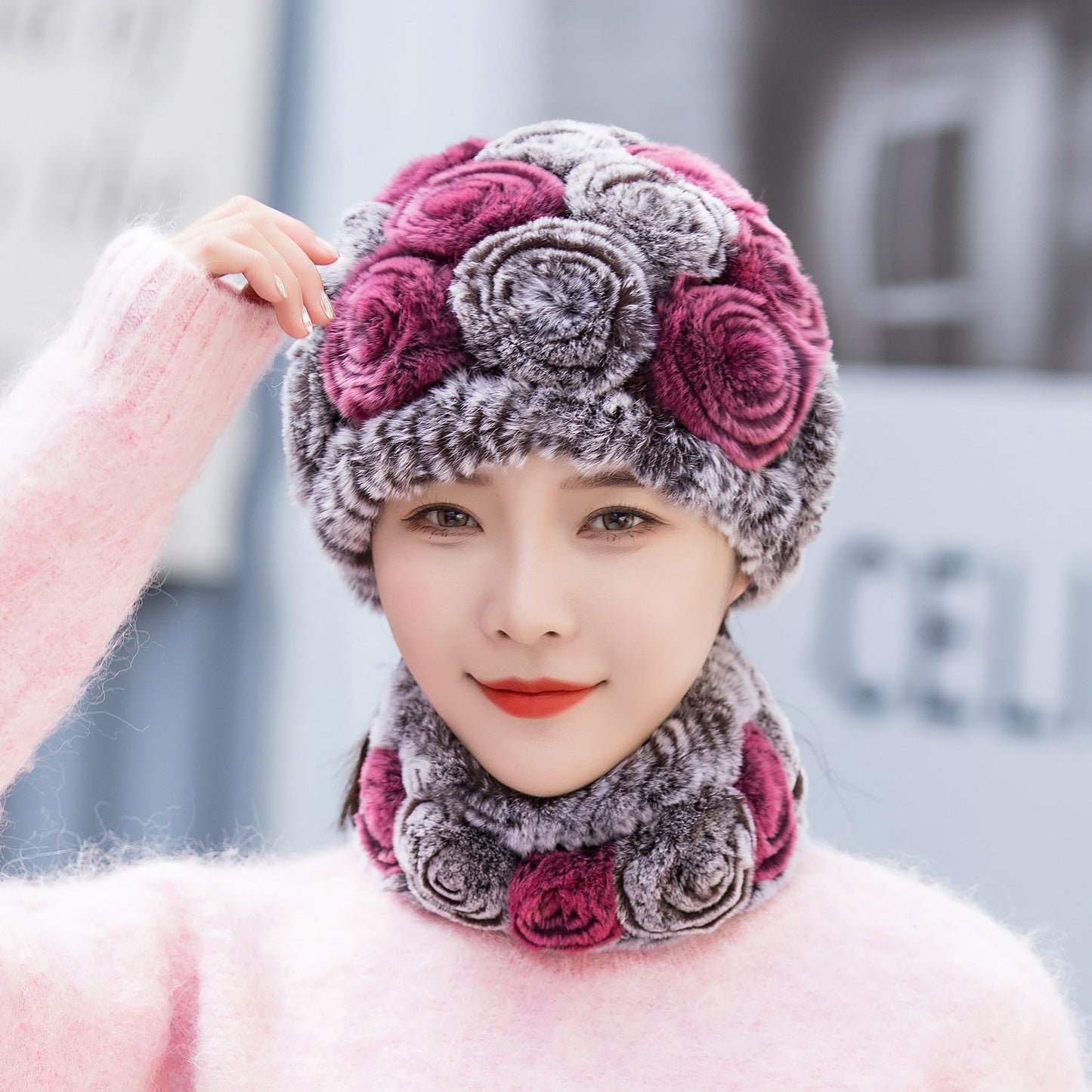 Warm Real Rabbit Fur Ear Flap Hat & Scarf Set