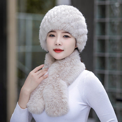 Warm Snow Rabbit Fur Ear Flap Hat & Scarf Set