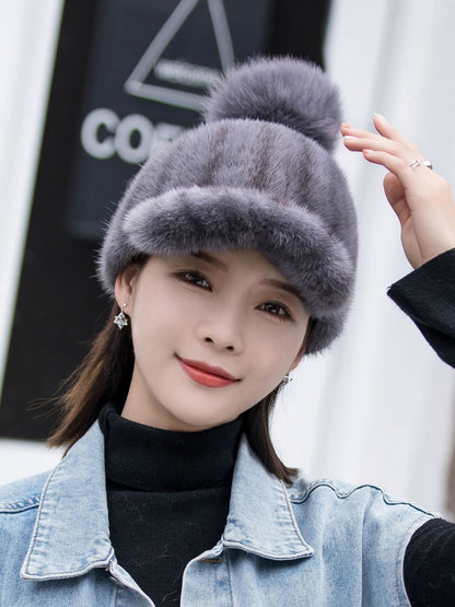 Warm Mink Fur Hat - Fox Pom Pom Baseball Cap