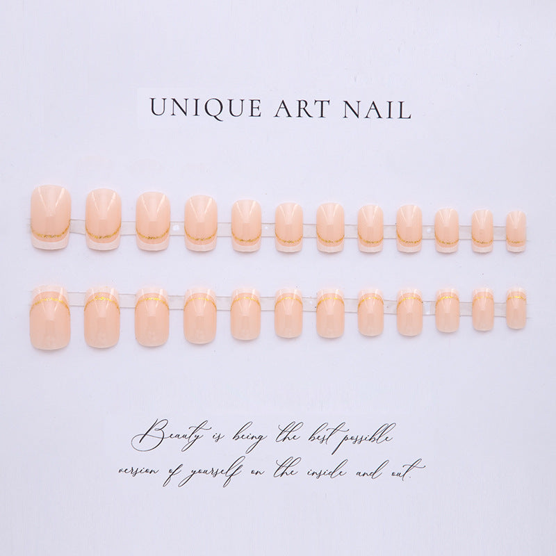 French Gold Line Nail Tips, Minimalist Beige Pink