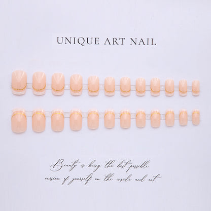 French Gold Line Nail Tips, Minimalist Beige Pink