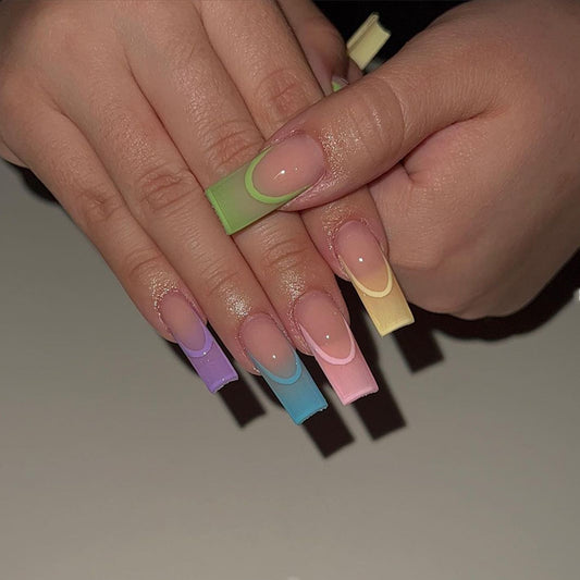 Long French Nail Tips, Candy Colors, Rainbow Gradient