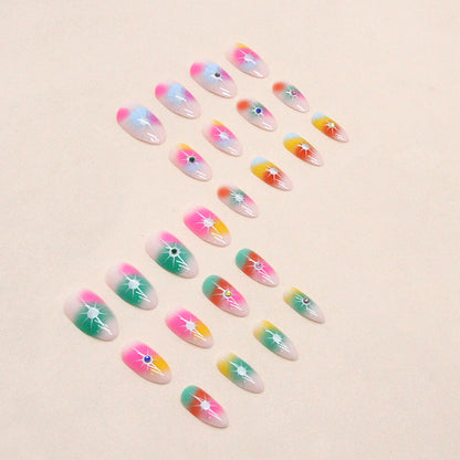 Colorful Rainbow Star Diamond Nails Euro Star Almond Fake Nails Spicy Girl Halloween-homeunderwear