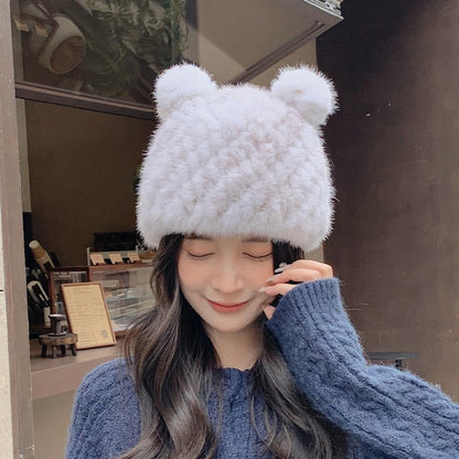 Winter Mink Fur Beanie with Cat Ears - Cozy & Cute