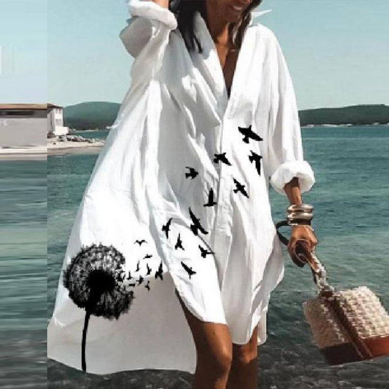 Summer Loose Fit Bohemian Print Turn-down Collar Long Sleeve Dress