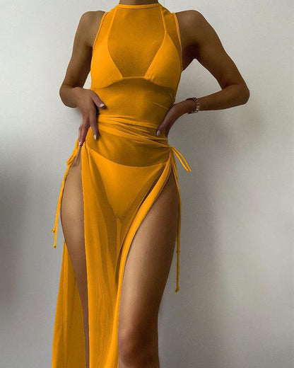 European and American Style Solid Color Long Dress Sunscreen Cover-up Bikini Beach Dress Three-piece Swimwear