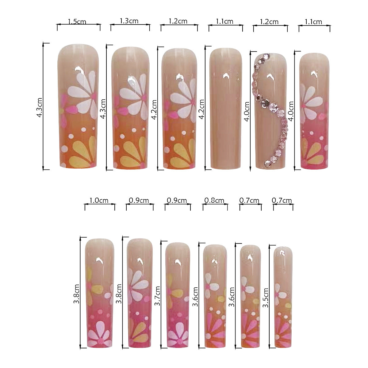 XXL Color Gradient Long Nails with 3D Pink Diamond Decor