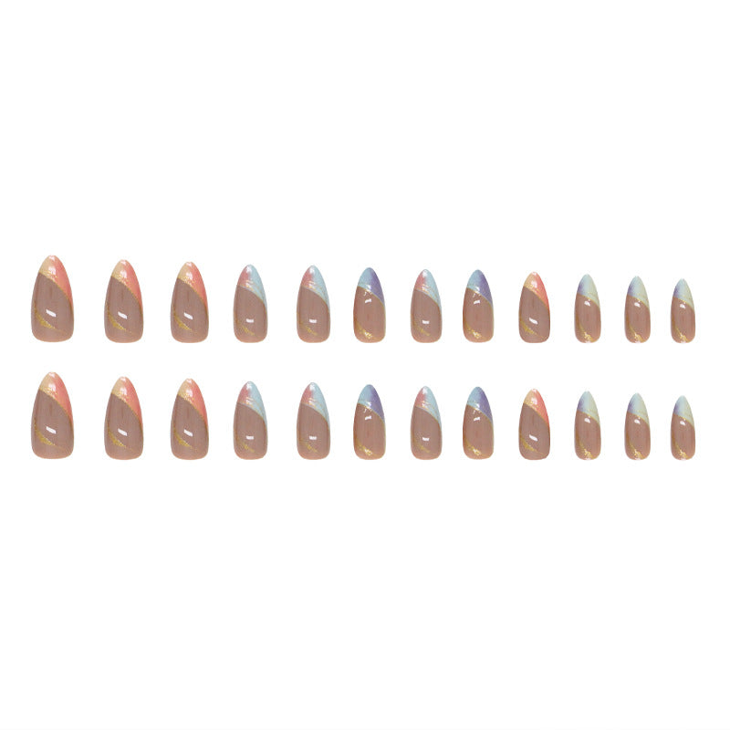 Trendy Euro Ins Style Round Almond Multicolor Gradient French Gold Line Fake Nails-Homeunderwear