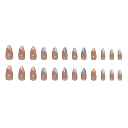 Trendy Euro Ins Style Round Almond Multicolor Gradient French Gold Line Fake Nails-Homeunderwear