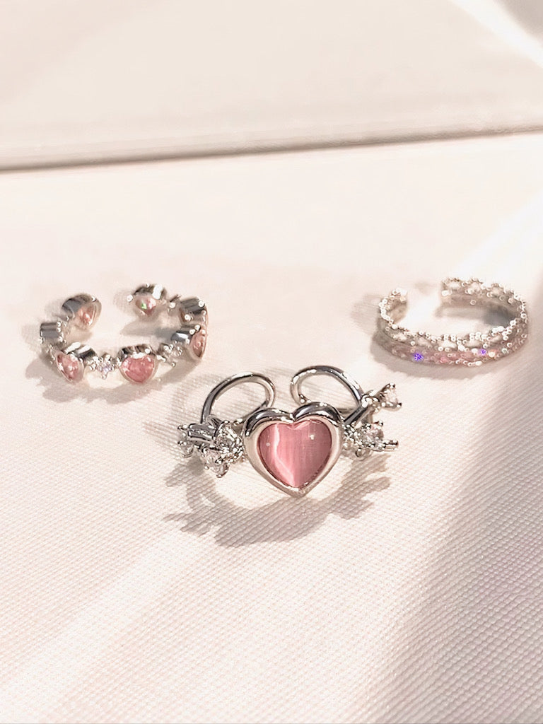 Free Shipping For 'Open Arms'  Coquette Pink Heart Rhinestone Rings Set