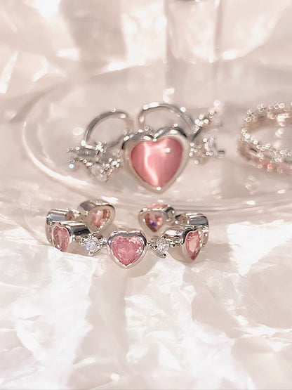 Free Shipping For 'Open Arms'  Coquette Pink Heart Rhinestone Rings Set