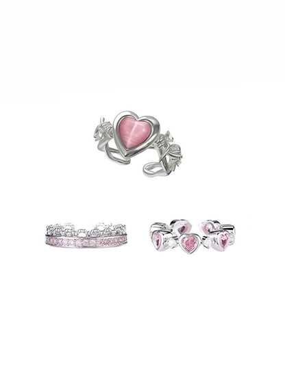 Free Shipping For 'Open Arms'  Coquette Pink Heart Rhinestone Rings Set