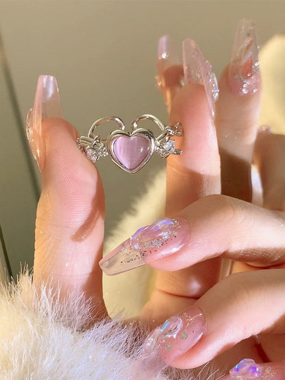 Free Shipping For 'Open Arms'  Coquette Pink Heart Rhinestone Rings Set